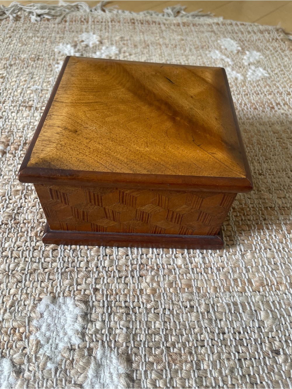 Vintage Wooden Square Wooden Trinket Dresser Box Geometric Parquetry Marquetry